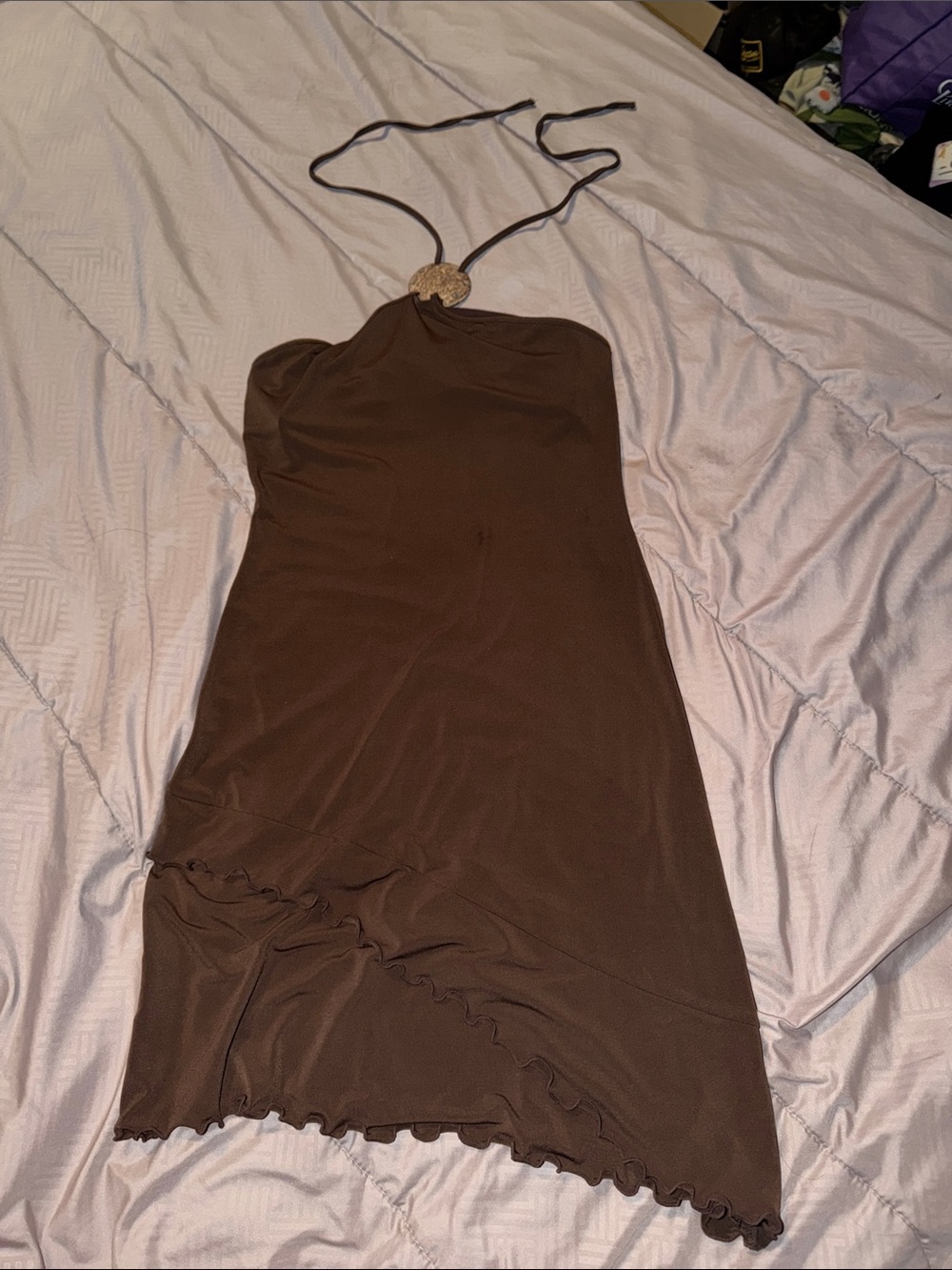 Vintage Moda International Asymmetrical Tiered Halter Brown Midi Dress Size XS